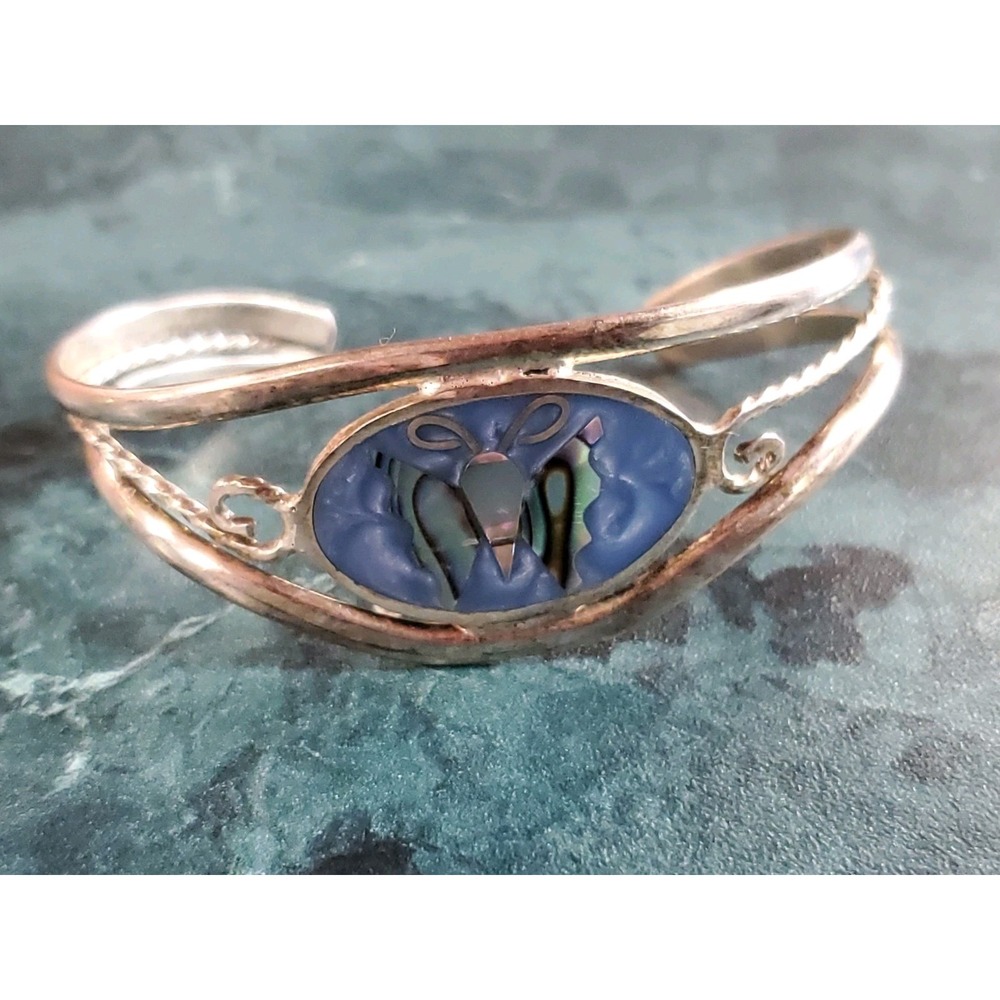 Alpaca Mexico Silver Tone Abalone Butterfly Cuff Bracelet 5.5 in - .37 oz